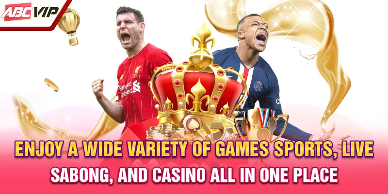 The diverse gaming lobby at ABCVIP, showcasing sports, live Sabong, and casino games.